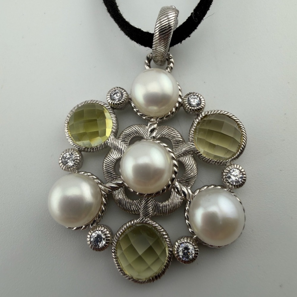 Judith Ripka Womens OS Silver Pearl Lemon Quartz CZ Fleur-de-lis Pendant Necklac